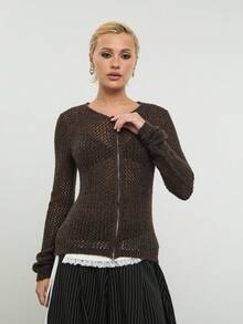 COUREZ Long Sleeve Zip Thru Open Knit Top /Y2K Spring Clothes For Women Brown Knit Hoodie Zip Up Hoodie Cute Going Out Outfits Music Festival Outfits Vacation Outfits Summer Holiday Outfits - Army Green - View 5