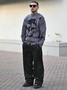 Devon Thys ANDREILEEANDREILEE 骷髅图案做旧流苏圆领休闲男士毛衣 - 灰色 - 查看 1