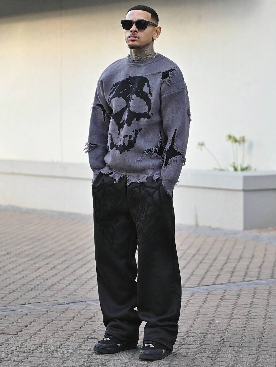 Devon Thys ANDREILEEANDREILEE 骷髅图案做旧流苏圆领休闲男士毛衣 - 灰色 - 查看 1