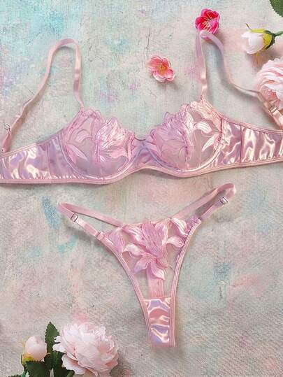 女士花卉刺绣网眼性感内衣套装 2 件套，适合外出穿着