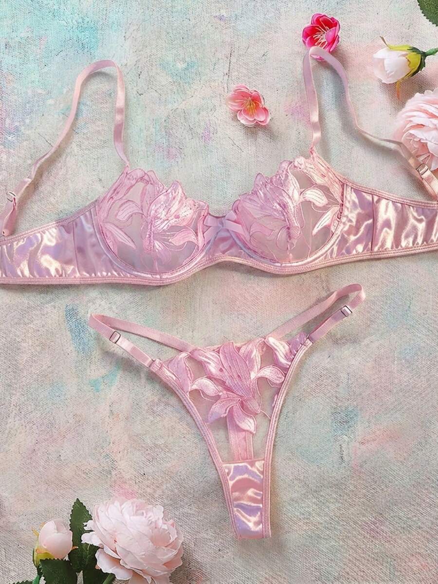 Elorette Conjunto de lencería sexy de 2 piezas con bordado floral y malla para salir - Rosa - Ver 1