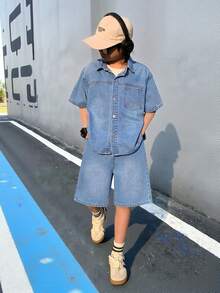 2Pcs Teen Boy Fashion Homecoming Streetwear Mix And Match Versatile Design Vintage Cool Street Loose And Comfortable Simple Blue Denim Shirt Short-Sleeved Top And Loose And Comfortable Denim Shorts For Kids Clothes Teen Boy Dailywear And Kids Spring To Summer Rave Outfits Festival And Outfits Streetwear Clothes - Blue - View 3