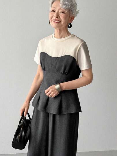 FRIFUL Elegant Colorblock Fitted T-Shirt And Pants Set, Suitable For Everyday Wear