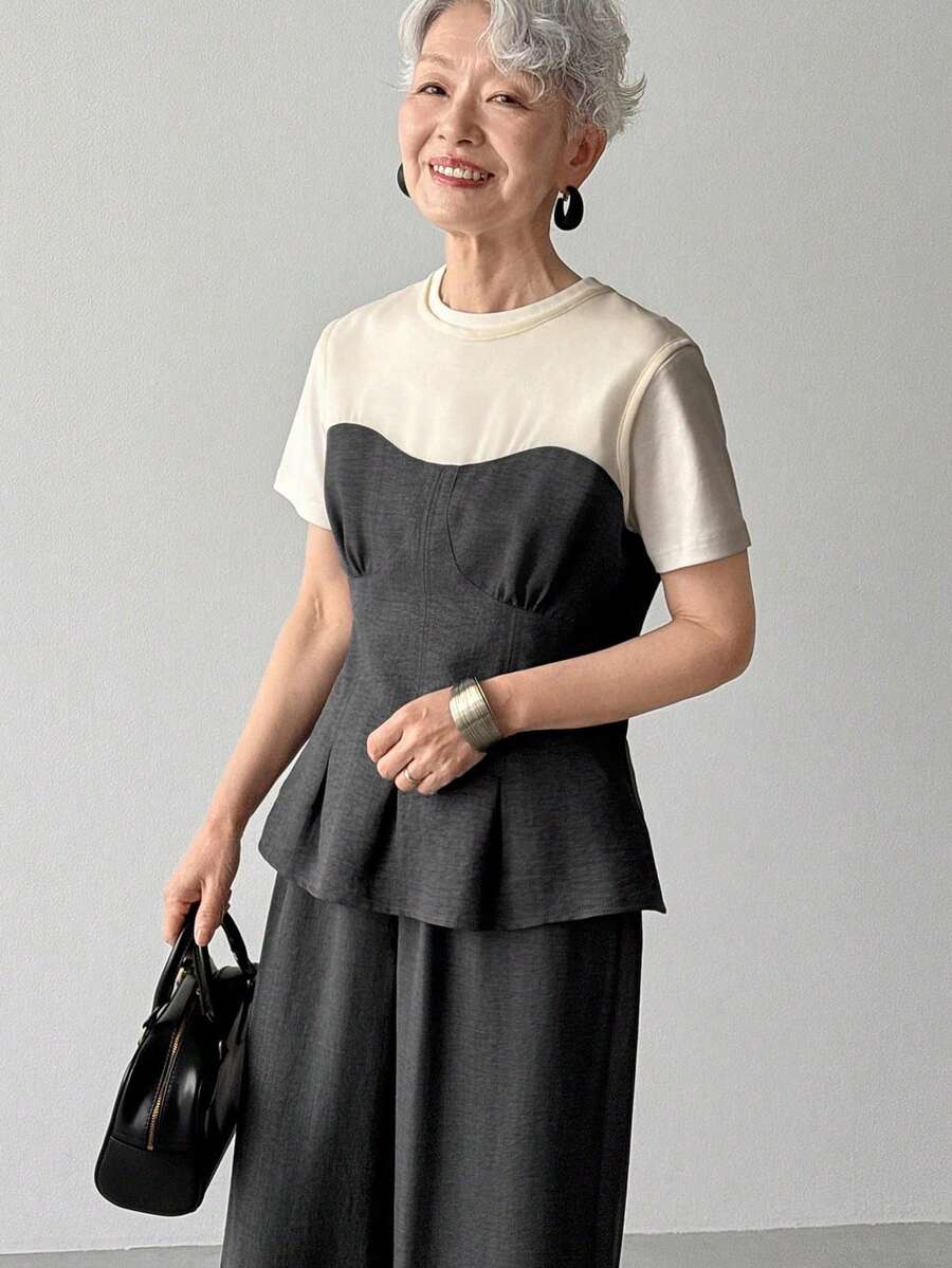 FRIFUL 女士撞色腰部抽绳短袖宽松休闲两件套,春夏女士家居服套装 - 灰色 - 查看 1