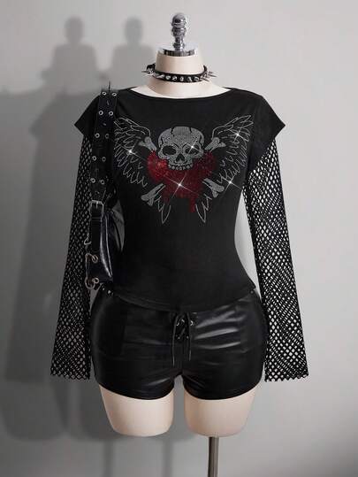 SHEIN ICON Plus Size Women's Spring/Summer Retro Sexy Street Casual Fashion Avant-Garde Bold Millennial Style Y2K Punk Music Festival Outfit Dark Gothic Skull Heart Wings Rhinestone Pattern Patchwork Fishnet Fabric Slim Fit Black T-Shirt