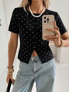 SHEIN EZwear 女士全印花前扣优雅黑色短袖开衫 - 彩色 - 查看 7