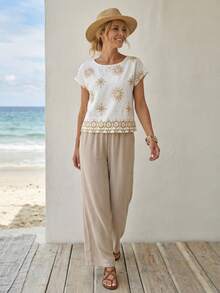 EMERY ROSE Set de 2 piezas con top de manga corta de cuello redondo con estampado gráfico y pantalones largos de unicolor con bolsillo para mujer - Multicolor - Ver 4