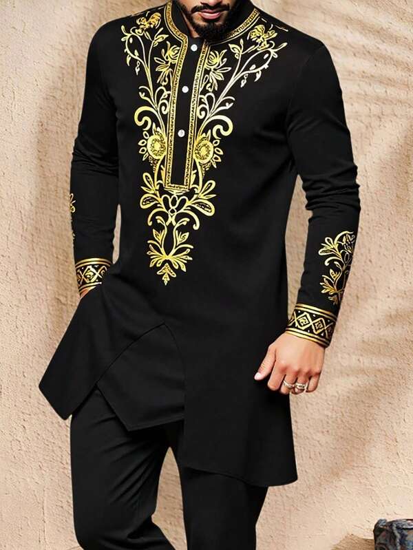 Manfinity AFTRDRK Men's Standard Size Robe Shirt, Middle Eastern Holiday Gift, Black Muslim Men Dashiki Black And Gold African Shirt, Long Sleeve Top