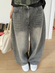 FRIFUL Women's Pocketed Wide Leg Loose Casual Versatile Jeans - Grey - View 5