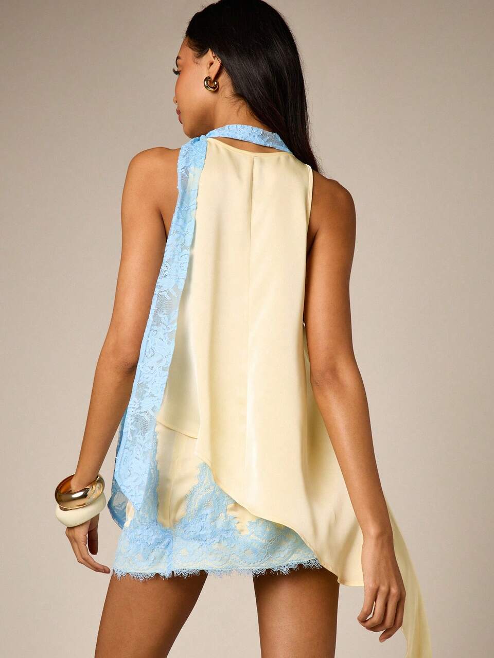 Asymmetric Satin Halter Top With Lace Trim Detail V-Neckline Draped Handkerchief Hem Party Evening Top