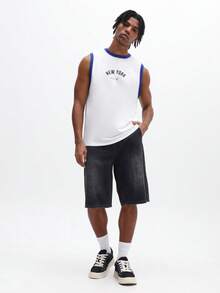 SUMWON Áo tank top nam bằng cotton, không tay, cổ tròn, in chữ New York, kiểu dáng mùa hè, áo thun ôm sát người, viền xanh dương. - Xanh và trắng - Xem 3