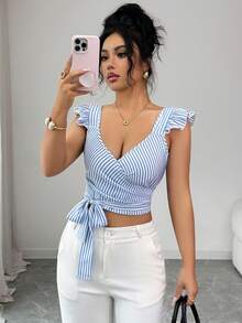 Elenzga Elegant Summer Shirt With Woven Stripes For Women Seksi Chic - Blue and White - View 4