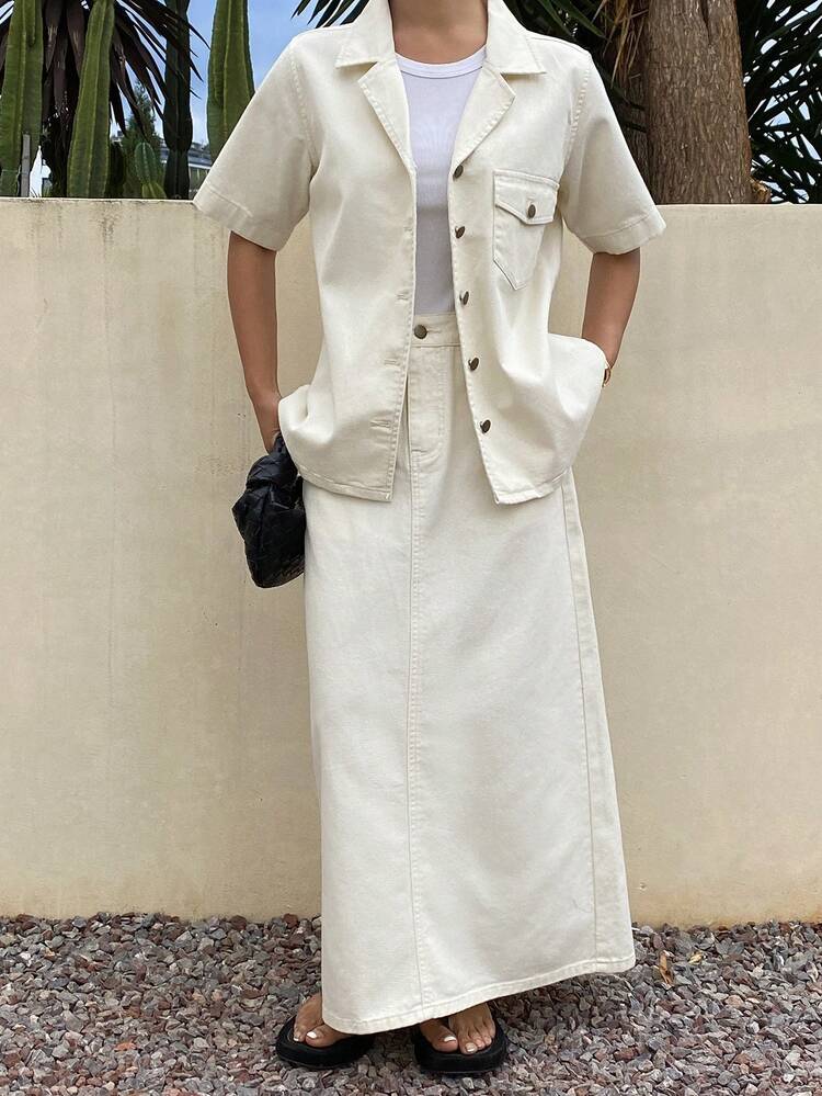 Women's Casual Pocket Shirt Collar Straight Skirt Denim 2-Piece Set, Spring/Summer,Wedding Guest Dress Women