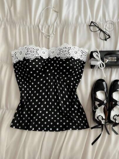 Attitoon Summer Vintage Polka Dot Patchwork Lace Trim Women Top, Spring Women , Party Top, Easter , Going Out Top , Black Top , Suitable For Back To School, Vintage, Sexy, Cute, Y2K, Coconut Girl, Boho, Hippie, Music Festival, Party