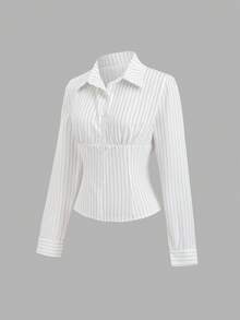 SHEIN Tall Women's Striped Long Sleeve Single-Breasted Casual Commuter Shirt - White - View 1