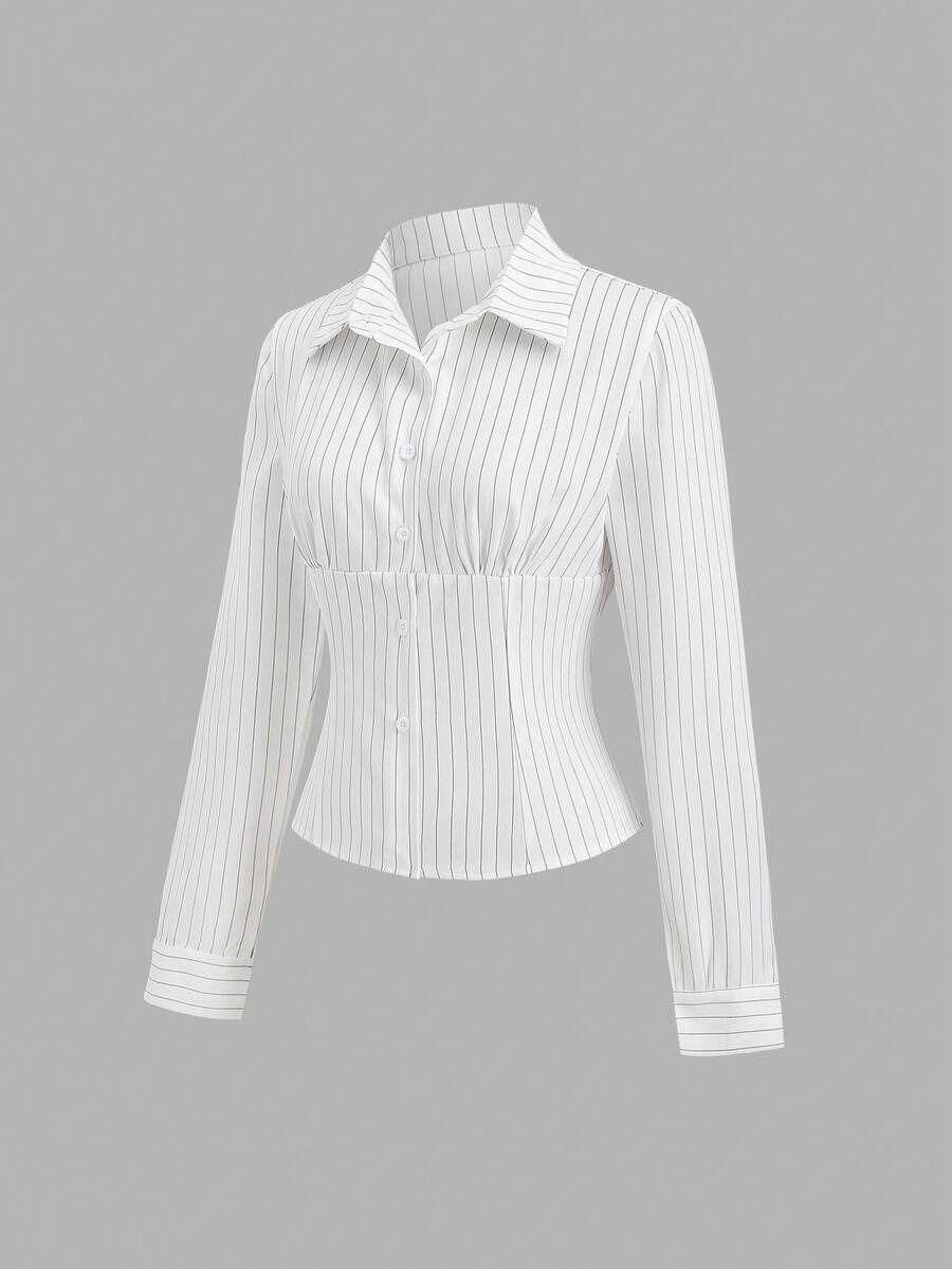 SHEIN Tall Women's Striped Long Sleeve Single-Breasted Casual Commuter Shirt - White - View 1