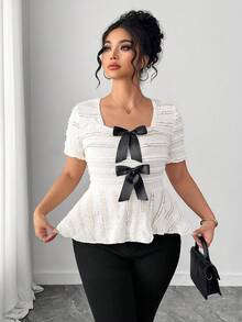 Elenzga Áo thun thời trang mùa xuân/hè kiểu Pháp lãng mạn cổ điển thanh lịch thường ngày với điểm nhấn nơ. - trắng - Xem 7