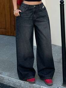 Dazy Plus Jeans de pierna ancha y larga de talla grande con efecto desgastado y lavado - Azul lavado oscuro - Ver 7