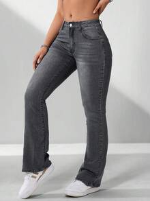 SHEIN PETITE Quần jeans ống loe cạp thấp dáng casual dành cho nữ, đã qua xử lý giặt. - Xám - Xem 4