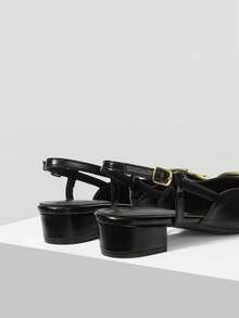 Mnmlis Zapatos de moda de tacón bajo con correa trasera, punta abierta y piel suave, minimalistas, versátiles y cómodos, de tacón alto elegante en color negro, para mujer, de primavera/verano - Negro - Ver 2