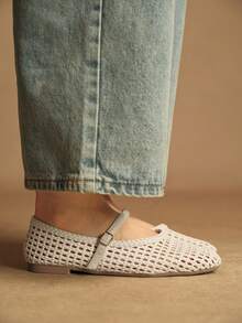 Rosivie Zapatos planos de material trenzado de PU, zapatos elegantes de estilo de oficina para ir y venir - Blanco roto - Ver 7