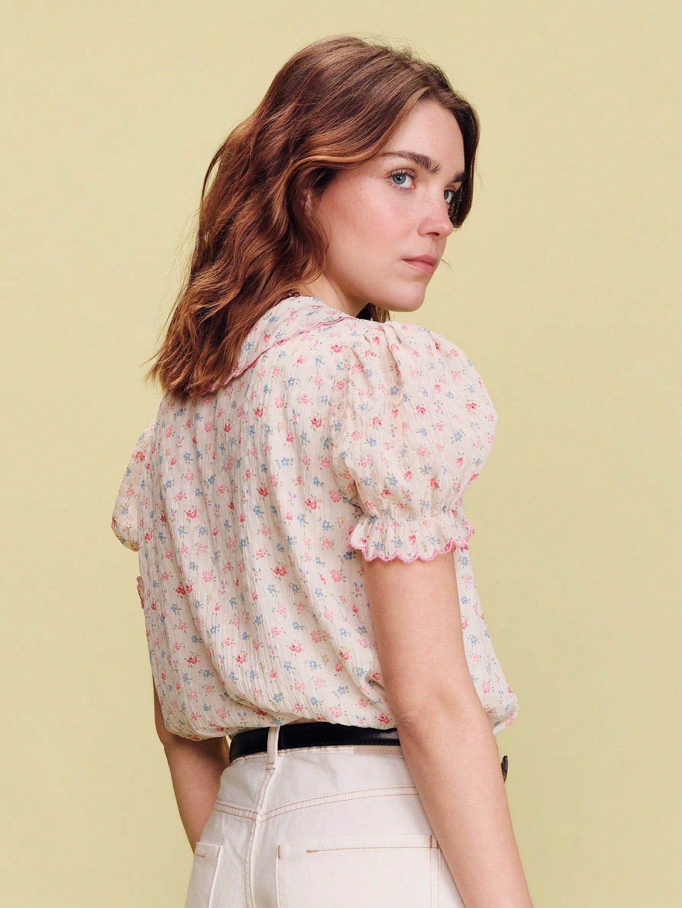 White Shirt With Multicolored Floral Print, Scalloped Details, Pleats, And Lace Cute Pink Flower Top Office Top Going Out Top Spring Summer French Style Parisian Style Womens Tops And Blouses Floral Print Blouse Ladies Clothes Puff Sleeve Blouse Scalloped Collar Top