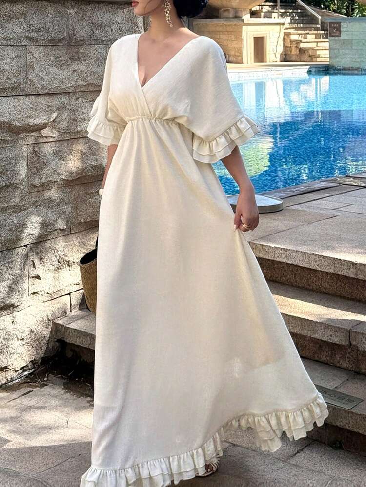 White Solid Color Minimalist Dress, Suitable For Office, Valentine's Day, Wedding, Party, Elegant Commute, Ruffle Hem, Bell Sleeve, Fit & Flare Midi Dress For Women, Spring/Summer Sundress Boho