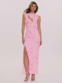 MUSERA Đầm maxi dáng ôm cổ thẳng, đính cườm và sequin, xẻ tà bên, thích hợp cho mùa xuân hè, thanh lịch, dự tiệc cưới, kỳ nghỉ, tuần trăng mật, tiệc tốt nghiệp. - Màu Hồng baby - Xem 5