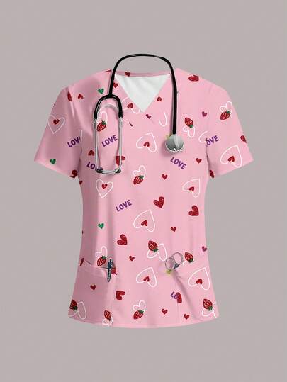 PopScrub Women's V-Neck Printed Matte Blouse With 2 Pockets - Comfortable Work Uniform