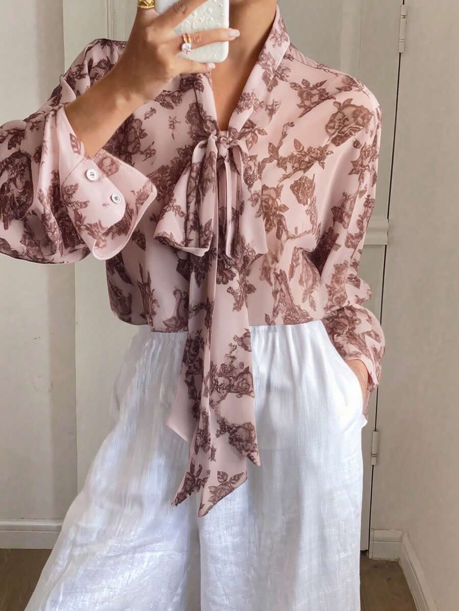 DAZY Áo kiểu nữ tay dài dáng rộng, màu trơn, chất liệu chiffon, cổ buộc nơ, thích hợp cho mùa hè. - Hồng - Xem 1