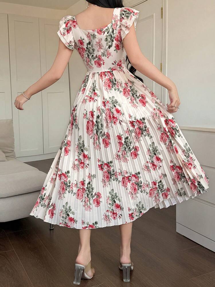 Women's Elegant Floral Print Square Neck Ruffle Hem Mid-Length Dress, Suitable For Spring And Summer Boho