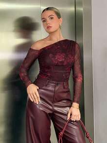 Bethéva Body de manga larga con hombros transparentes y estampado de leopardo para mujer - Rojo - Ver 6