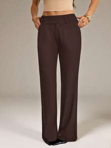 SHEIN Tall Quần nữ cạp thấp màu trơn, quần đen - màu nâu - Xem 4