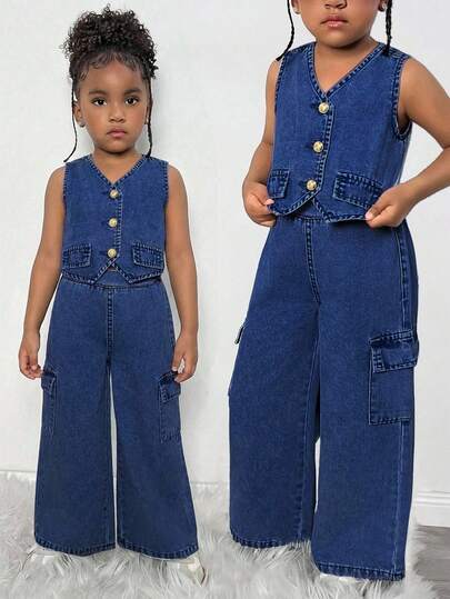 Young Girl Summer V-Neck Single-Breasted Vest And Cargo Pants Denim Set, Girls Denim Cargo Pants, Kids Denim Vest Set, Tween Denim Outfit
