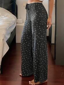 Livesso Ditsy Floral Knit Contrast Trim Waist Loose Straight Leg Long Pajama Pants, Suitable For Summer And Spring, Women - Dark Grey - View 5