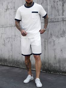 Manfinity Homme Camiseta de bolsillo con contraste de color para hombre, conjunto de camisetas con textura de rayas de punto falso - Azul y blanco - Ver 6