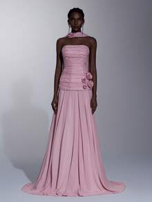 Elitara Elegant, Romantic, Fashionable, Dignified, Pink, Organza Fabric, Ruched Decor, 3D Decoration, Bust Cup, Extra-Large Skirt, Elegant Party Dress, Wedding Guest Dress, Bachelorette Party Dress, Formal Evening Gown - Dusty Pink - View 7