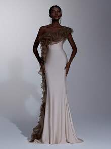 Elitara Vestido elegante de malha com decote assimétrico, modelagem em espinha de peixe e barra com babados em camadas, ideal para festivais, casamentos, galas, concertos, eventos corporativos e outras ocasiões formais. - Multicolorido - Ver 9