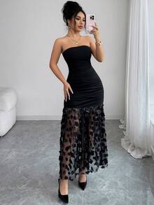 Rafferiza 优雅奢华花卉撞色网纱褶皱腰身修身无肩带纯色性感晚礼服，女士 - 黑色 - 查看 7