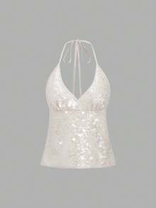 Sweetra Áo hai dây kiểu Bohemian hở lưng, cổ yếm, đính hạt cườm dành cho nữ, thích hợp cho kỳ nghỉ biển. - trắng - Xem 1