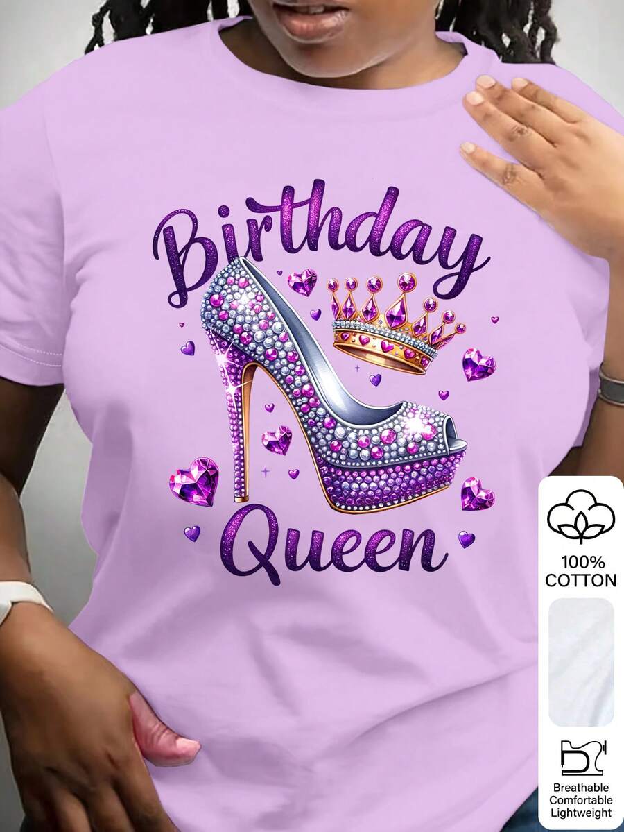 Rovax 标准尺码女士纯棉字母高跟鞋印花休闲短袖T恤 - 淡紫色 - 查看 1