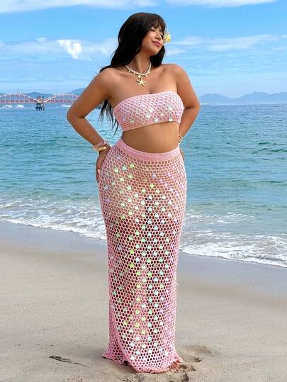Solflare Plus Size Women Elegant Sexy Beach Resort Style Hand-Crocheted Beaded Colorful Sequin Fashionable Versatile Hollow-Out Skirt