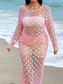 GalTyme 大码女式镂空串珠肩部长袖沙滩度假毛衣，性感时尚优雅上衣 - 粉色 - 查看 7