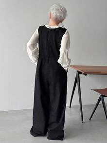 FRIFUL 女士V领褶皱休闲日常牛仔连体裤 - 黑色 - 查看 2