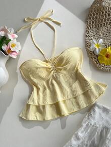 Elamini Women's Summer Yellow Front Pleated Tie Neck Layered Hem Casual Vacation Tank Top - Yellow - View 1