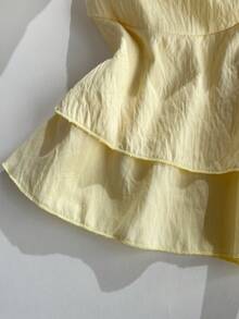 Elamini Women's Summer Yellow Front Pleated Tie Neck Layered Hem Casual Vacation Tank Top - Yellow - View 3