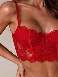 SHEIN BAE 2pcs/Set Women's White Romantic Long Bra Lingerie Set Sexy Underwear Set Bra And Panty Set Lingerie Set Red Red Bra And Panty Set Red Lingerie Set - Red - View 7