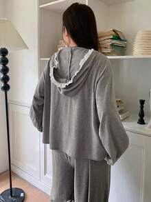 Dazy Plus 大码女式纯色撞色蕾丝休闲连帽长袖上衣和直筒宽松睡裤套装，春秋季 - 灰色 - 查看 6