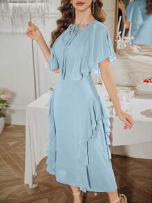 Modelyn Vestido con mangas con volantes y cintura con lazo, diseño francés para mujer - Celeste - Ver 6