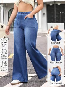 Flexra Damjeans med fickor och knappar, casual och mångsidiga vardagskläder, vida ben - Blå - Visa 1